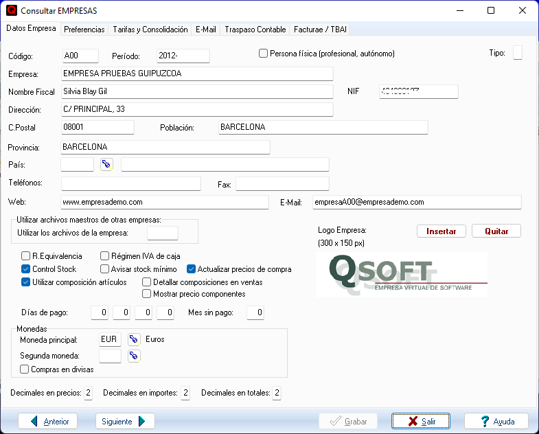 TicketBai QFACWIN pantalla datos empresa